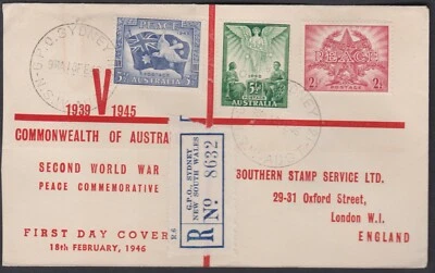 1946 WWII PEACE Australia Registered SMYTH FDC to SOUTHERN STAMP SERVICE GB - Image 1 of 2