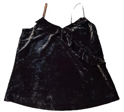 J Crew Tank Top Black Crushed Velvet Cami Ruffle, Size XXS - Image 1 of 4