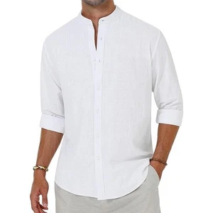 Linen Shirt Men's Stand Collar Long Sleeve Chinese-style Cotton Loose Casual Top - Picture 1 of 16