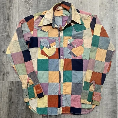 Винтажный 60-х/70-х цветной пэчворк льняной хиппи кинжал воротник богемное Мужская рубашка на пуговицах - Изображение 1 из 4