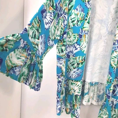 Cárdigan tejido mezcla lino CHICO'S talla 3 XL frente abierto azul floral concha marina Foto 1 de 4