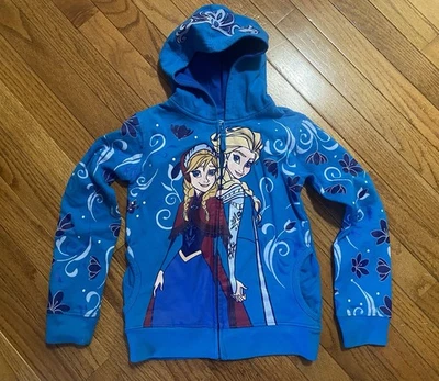 Disney Frozen Elsa Anna Girls M 6X Blue Turquoise Hoodie Sweatshirt Zip Up - Image 1 of 4
