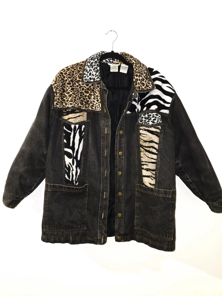 Jaqueta jeans preta vintage anos 90 Cervelle animal print feminina M preta zebra chita - Imagem 1 de 4