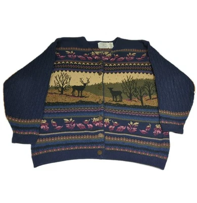 Suéter vintage Northern Treasures para mujer mediano ciervo bosque cabaña cárdigan  Foto 1 de 4