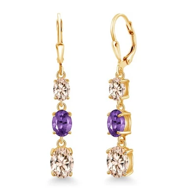 Pendientes colgantes de morganita melocotón de plata chapados en oro amarillo de 18 quilates con 3 piedras para mujer Foto 1 de 4