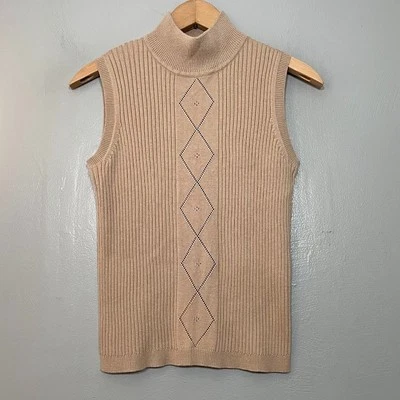 Pointelle без рукавов желтовато-коричневый свитер размер маленький ребристый вязаный насмешливый шеи минималистский - Изображение 1 из 4