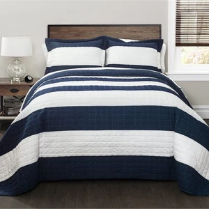 New Berlin Quilt Striped Pattern 3 Piece Bedding Set, Full/Queen, Navy & White - Picture 1 of 2