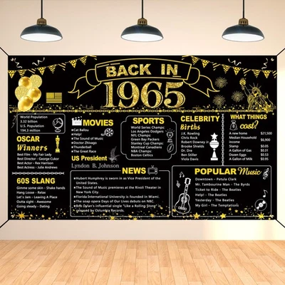 Decoración de 60 cumpleaños en 1965 vintage pancarta telón de fondo para mujeres hombres cumpleaños Foto 1 de 4