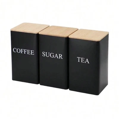 Frascos de metal de 3 botellas de almacenamiento de grano de café, té y azúcar con tapa de bambú cocina Foto 1 de 4