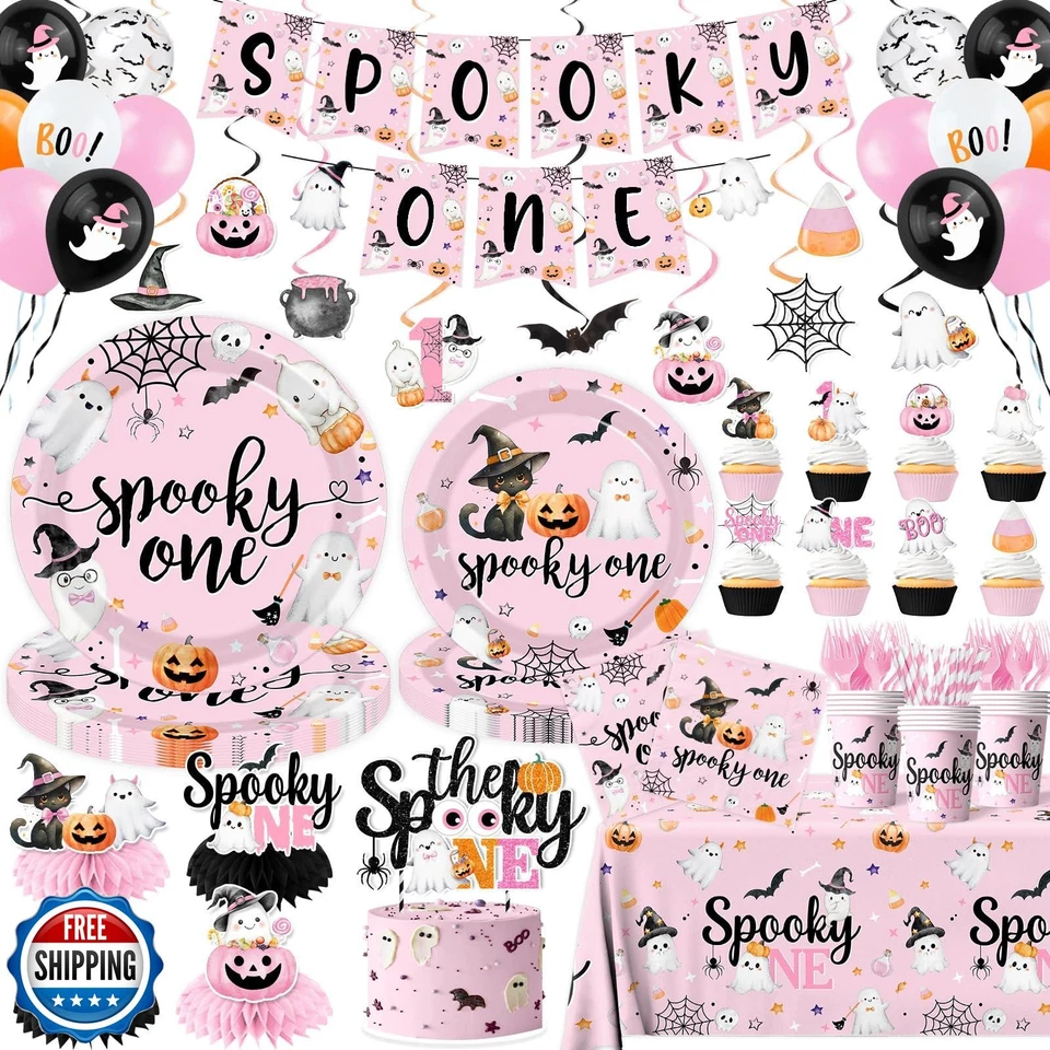 Жуткий один день рождения украшения девочка, розовый Хэллоуин 1-й день рождения вечеринки Suppl - Изображение 1 из 4