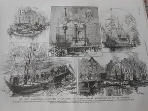 Gravure 1887 - Les fêtes d'Amsterdam organisées 70ème anniversaire Roi Hollande - Picture 1 of 1