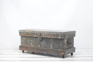 Antique . Hand Made Trunk, Wood Carpenters Chest Lid Covered in Metal Divided Wo - Picture 1 of 13