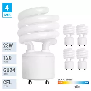 4 Pack Spiral CFL Fluorescent 23W =100W Twist and Lock GU24 5000K Bright White - Picture 1 of 4