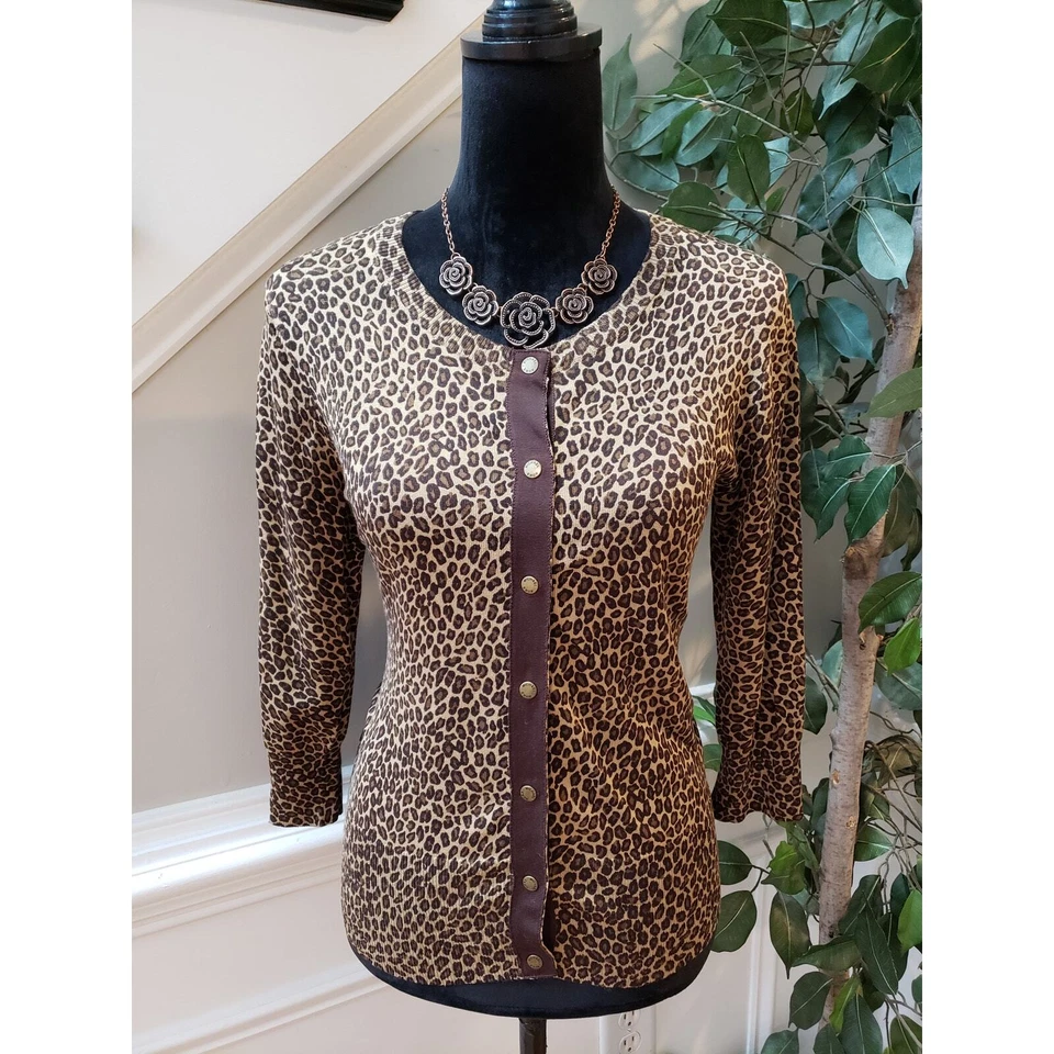 Cárdigan Michael Kors Mujer P/S Marrón Estampado Leopardo Manga Larga Botón Delantero Foto 1 de 4