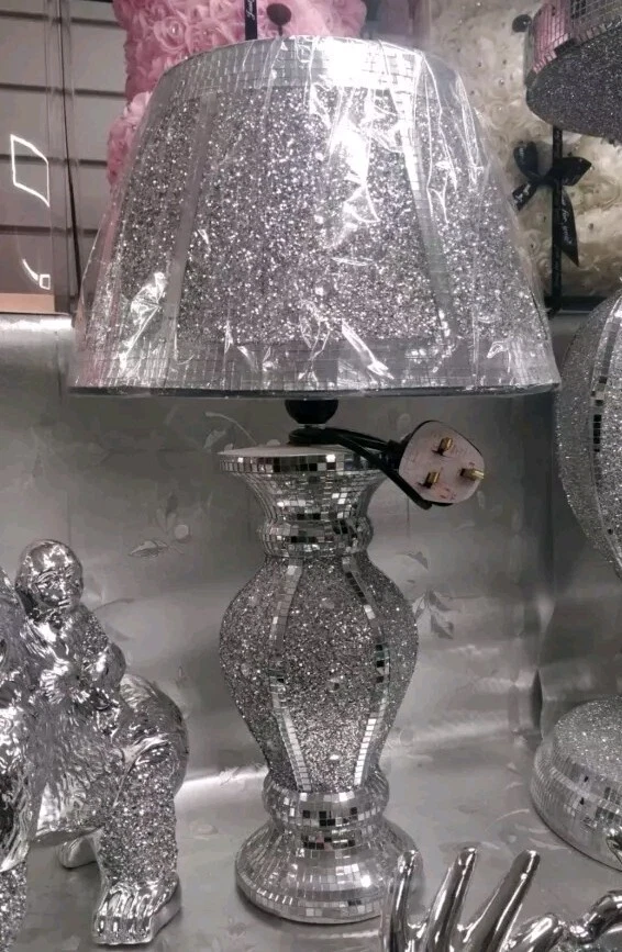 Crushed Crystal Diamond Mirrored Table Vase Lamp With Shade And LED Bulb Bling - Image 1 of 1