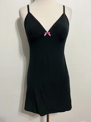 Betsey Johnson Intimates Sleeveless Chemise Matte Black Knit Fuchsia Bow Size S - Image 1 of 4