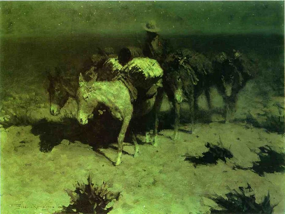 Pintura a óleo Frederic-Remington-A-Pack-Treine animais burro equipe paisagem arte - Imagem 1 de 1