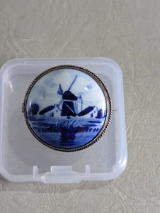 Vintage Delft Brooch/ Silver Mount/ V.K. Holland - Picture 1 of 4