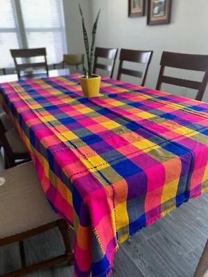 Authentic  Geometric Multicolor Guatemalan Cotton Tablecloth.  AA.5. - Image 1 of 4