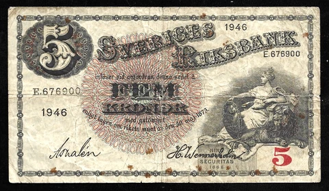 World Paper Money - Sweden 5 Kronor 1946 @ Fine Cond Cover