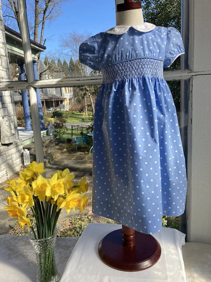 Charming Hartstrings Blue Dotted Smocked Dress, Girls Sz 4 Peter Pan Collar - Image 1 of 4