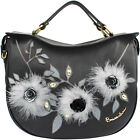 Braccialini designer black leather Hobo bag with flowers & feather applique NEW