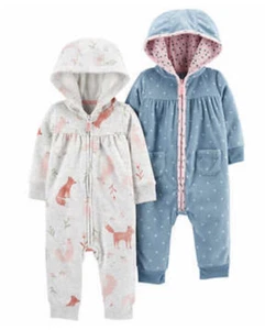 NWT Carter's Infant 2 pack Hooded Jumpsuit Fox Front Zip  Sizes: 9M 12M 18M 24M  - Picture 1 of 12