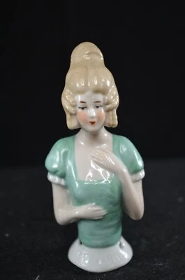 VINTAGE PIN CUSHION PORCELAIN HALF DOLL WITH GREEN TOP 8 CMS (HD4) - Image 1 of 4