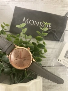 Monroe Watch Women Rose Gold Color 36 mm Leather Band Classic Dress Style Quartz - Picture 1 of 7