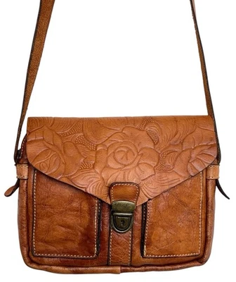 Bolsa tiracolo Patricia Nash bolsa de ombro de mão couro marrom trabalhado floral rosa - Imagem 1 de 4