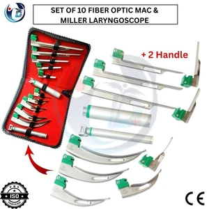 Fiber Optic MAC & MILLER Laryngoscope Set of 10 Blade + 2 Handle Intubation Kit - Picture 1 of 10