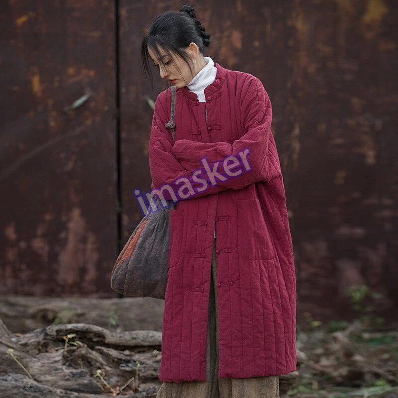 Invierno Algodón Lino Mujer Algodón Espesado Cálido Acolchado Abrigo Largo Algodón Acolchado Foto 1 de 4