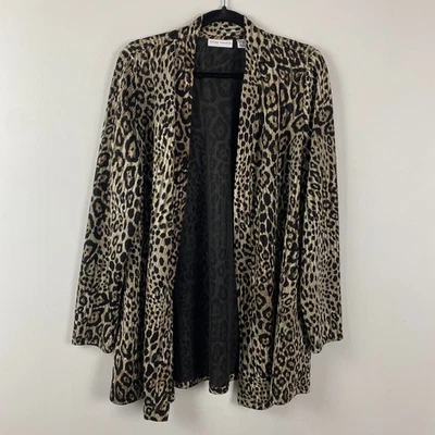 Susan Graver Printed Novelty Knit Cardigan Brown Size Large Open Front Pockets - Image 1 of 4