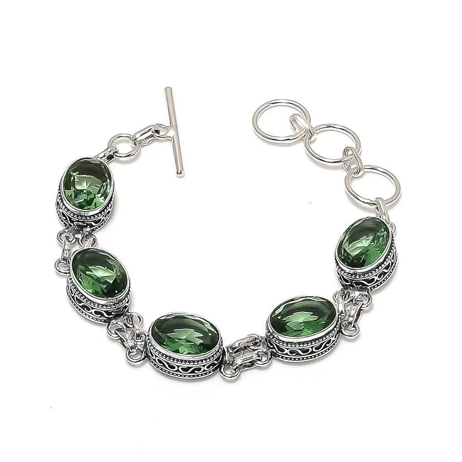 Brazalete de joyería de plata de ley 925 hecho a mano con piedras preciosas de amatista verde tamaño 7-8" Foto 1 de 1