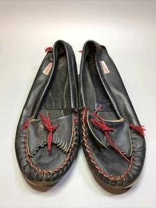 Vintage Quoddy Women's Size 9 B Moccasins Slip On Shoes Black Red Webster Rubber - Picture 1 of 15