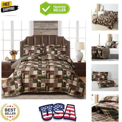 Reversible Lodge Plaid Moose Bear Quilt King/Queen 90" Moisture-Wicking Bed Set - Image 1 of 4