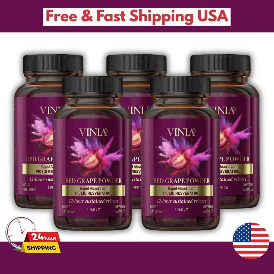 Vinia Red Grape Powder Rapid Absorbtion Piceid Resveratrol 60 Capsules 5 pack - Image 1 of 4