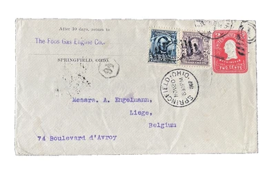 US SC 304-302-U395 SPRINGFIELD, OHIO  to BELGIUM POSTAL HISTORY COVER 1907 - Image 1 of 2