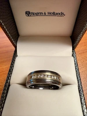 Alianza de boda para hombre - tungsteno con plata y diamantes (.25CTW) - talla 8 Foto 1 de 4