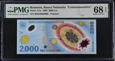 Rumania 2000 Lei 1999 P 111 a polímero comm # 9966 excelente gema UNC PMG 68 EPQ Foto 1 de 3