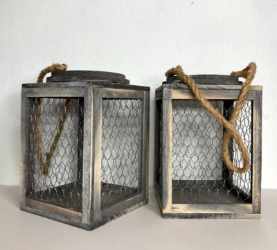 (2) Chicken Wire Wooden Lanterns Rustic Farmhouse Candle Holders Cottage 9" - Image 1 of 4