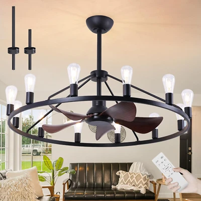 44''Ceiling Fan with Light Wagon Wheel Chandelier, Farmhouse Fandelier Dining Ro - Image 1 of 4