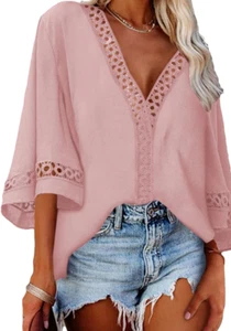 Grlasen Women Fashion 3/4  Bell Sleeve V Neck Top Lace Blouse Casual Loose L - Picture 1 of 9