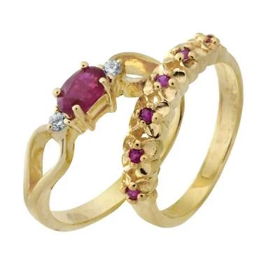 1.5Ct Lab-Created Ruby Bridal Set Band Engagement Ring 9ct SOLID Yellow Gold - Image 1 of 4
