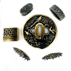 A Set Sword Part Guard Tsuba Fitting Kashira Fuchi For Japanses Katana Wakizashi - Picture 1 of 7