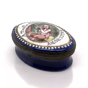 Antique 18c “A Trifle from Salisbury” Battersea Enamel Patch Box -Motto Snuff VR - Picture 1 of 11