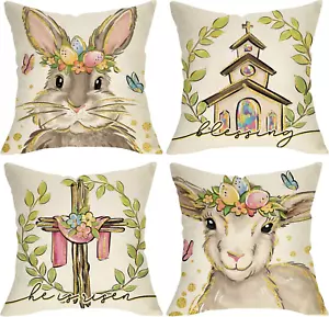Easter Bunny Lamb Decorative Throw Pillow Covers 18 X 18 Set of 4, Religious Cro - Picture 1 of 12