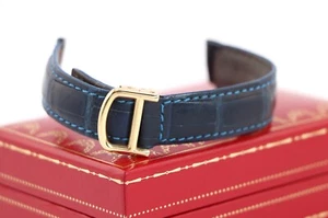 Rare 18K Yellow Gold Blue Leather Cartier Deployment Buckle Watch Strap Band - Picture 1 of 10