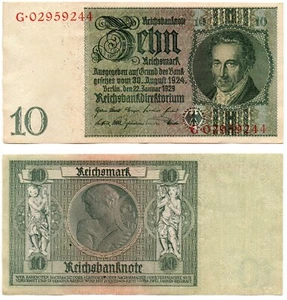 GERMANY Two 10 Mark with Sequential Serial Numbers (1929) 1945, Pick 180b, VF - Picture 1 of 2