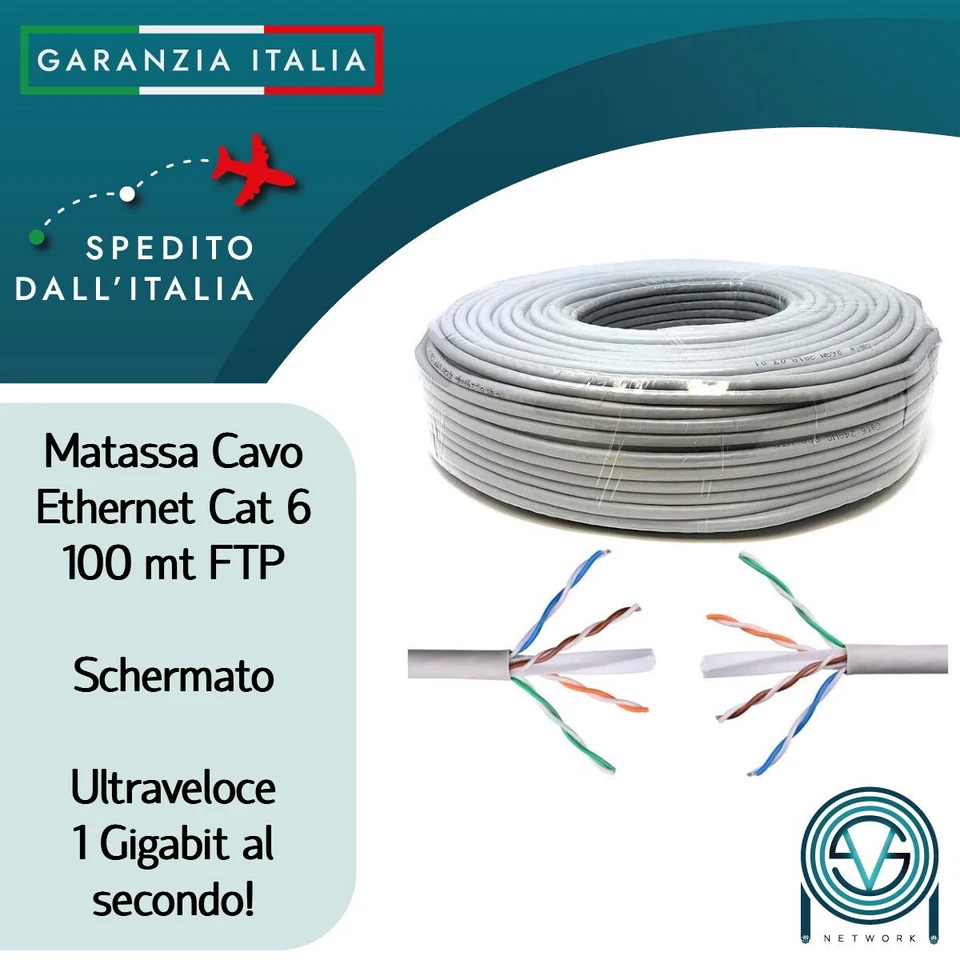 MATASSA 100 MT METRI CAVO DI RETE FTP CAT 6 LAN ETHERNET SCHERMATO INTERNET ADSL - Immagine 1 di 1